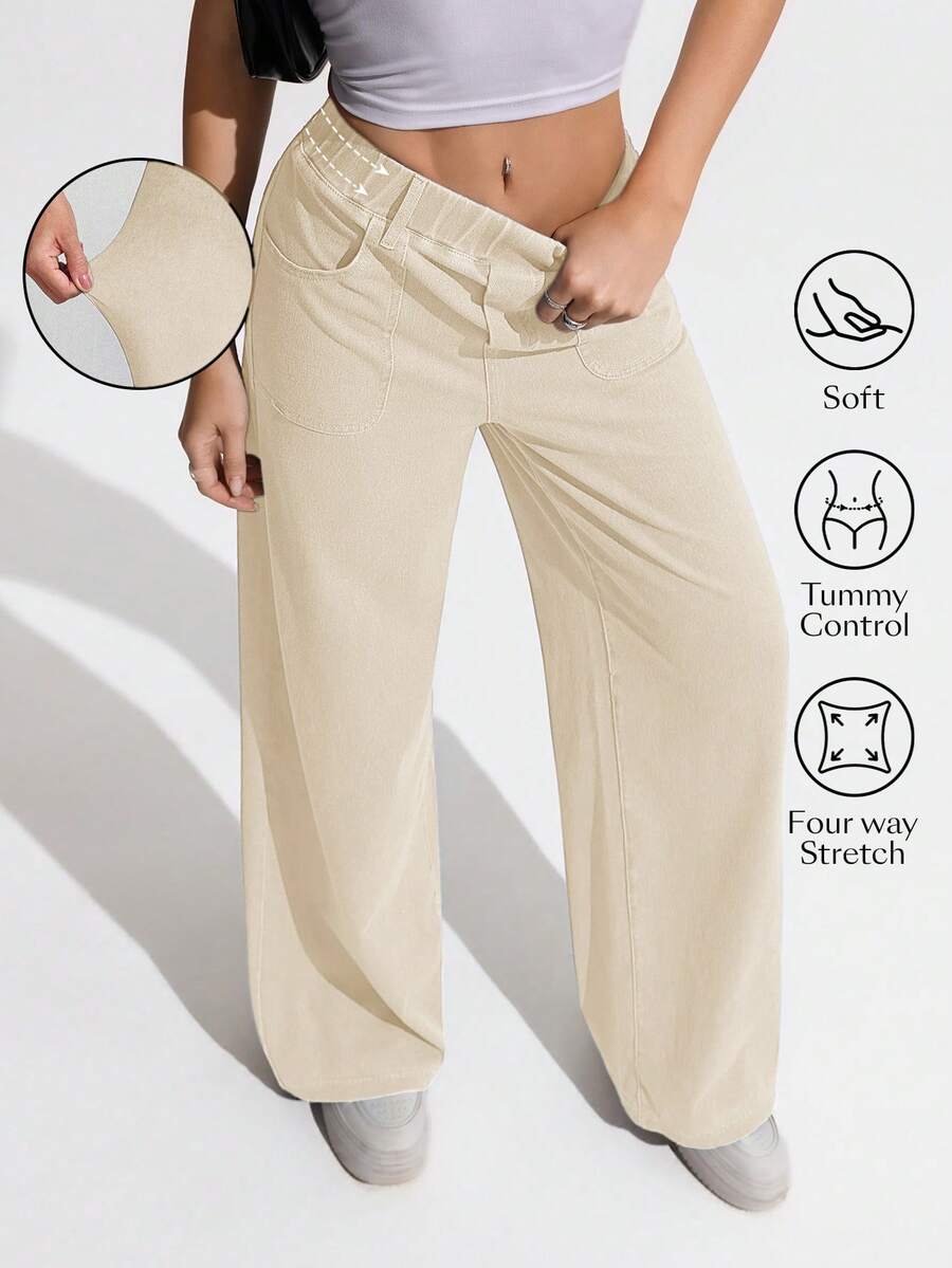 Flexra Quần jeans nữ cỡ lớn, màu trơn, cạp cao, có túi, kiểu dáng thường ngày. - trắng - Xem 1