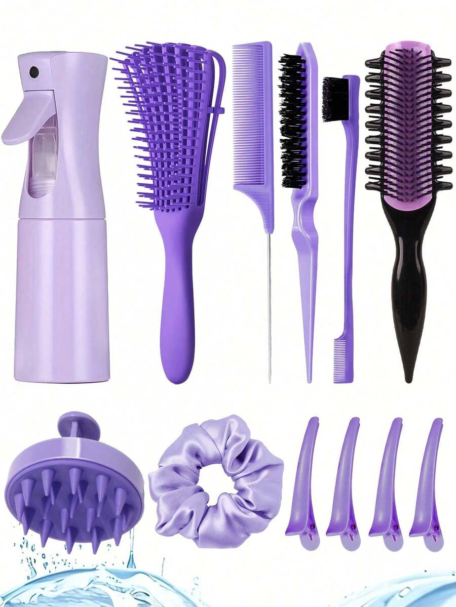 5pcs New 9-Row Comb Hair Brush Set, With Side Grooves Design To Enhance Curling And Separation, Wet & Dry 8-Tooth Comb, (6.8 OZ / 200 ML) Multi-Function Small High-Pressure Continuous Spray Moisturizing Travel Makeup Bottle - Multicolor - View 1