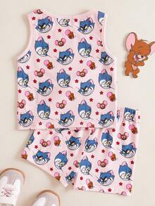 TOM & JERRY X SHEIN 女婴卡通印花圆领T恤和休闲短裤套装，百搭 - 粉色 - 查看 2