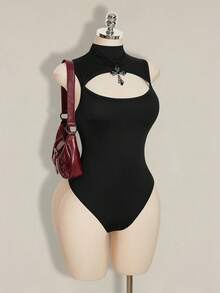SHEIN ICON 大码女士性感纯色无袖镂空连体衣，夏季 - 黑色 - 查看 1