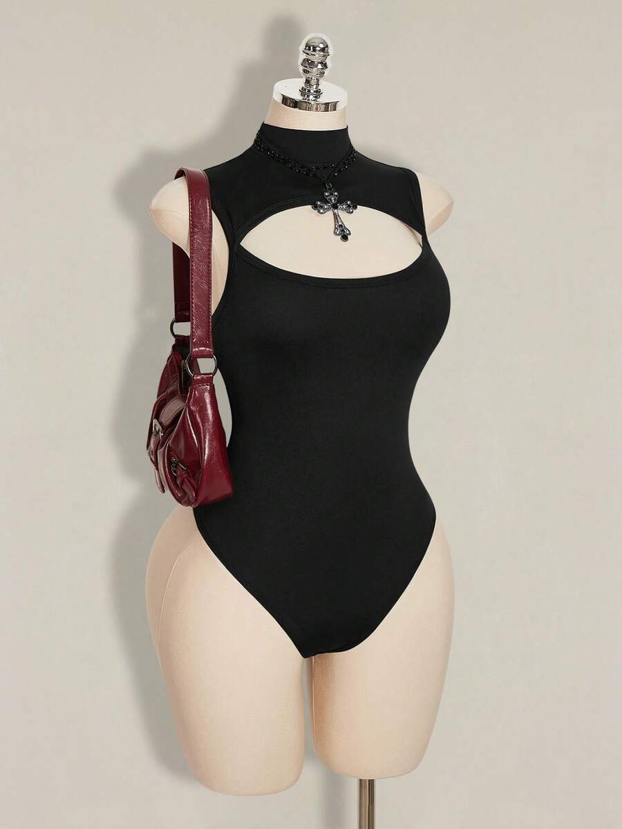 SHEIN ICON 大码女士性感纯色无袖镂空连体衣,夏季 - 黑色 - 查看 1