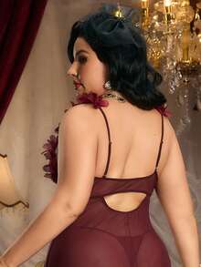 PinupPomp Maroon Mesh Plus Size Sleeveless Semi-Sheer Midi Nightgown With Ruffle Detailing Plus Size Nightgown Plus Size Lingerie Dress Plus Size Night Dress Plus Size Gown - Maroon - View 3