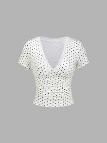 Sweetra 2pcs/Set Women's Fashionable Elegant Versatile Polka Dot Print Lace Patchwork Ruffle T-Shirt - Multicolor - View 11