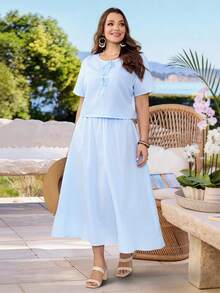 Rosumi Ensemble 2 pièces grande taille pour femmes, chemise décontractée d'été de vacances à carreaux bleus et blancs et jupe - Bleu et Blanc - Voir 6