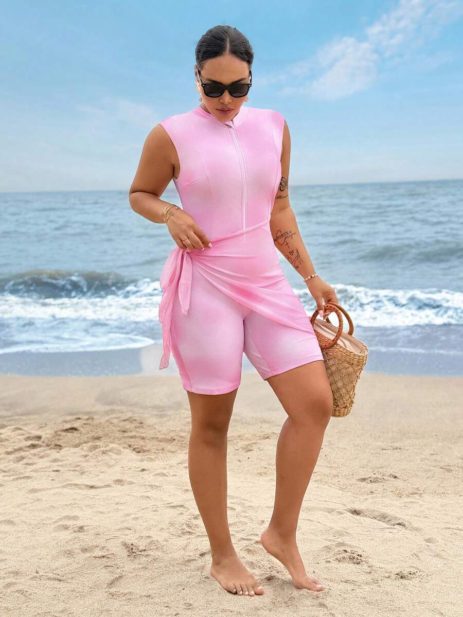 SHEIN Swim Plus Size Pink Floral Print One-Piece Mesh Skirt Burkini Swimwear Two Pieces Set, Vacation Beach Outfit - Multicolor - View 1