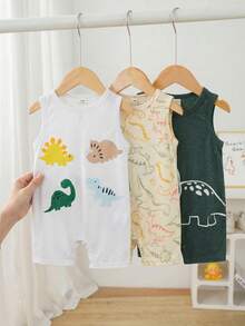 男女宝宝3件套可爱恐龙印花无袖连体衣套装，春夏男婴服装 - 彩色 - 查看 7