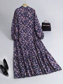 Al Najma 女士休闲碎花端庄长袖阿拉伯长裙，秋季蓝色碎花连衣裙，田园风连衣裙 - 彩色 - 查看 2