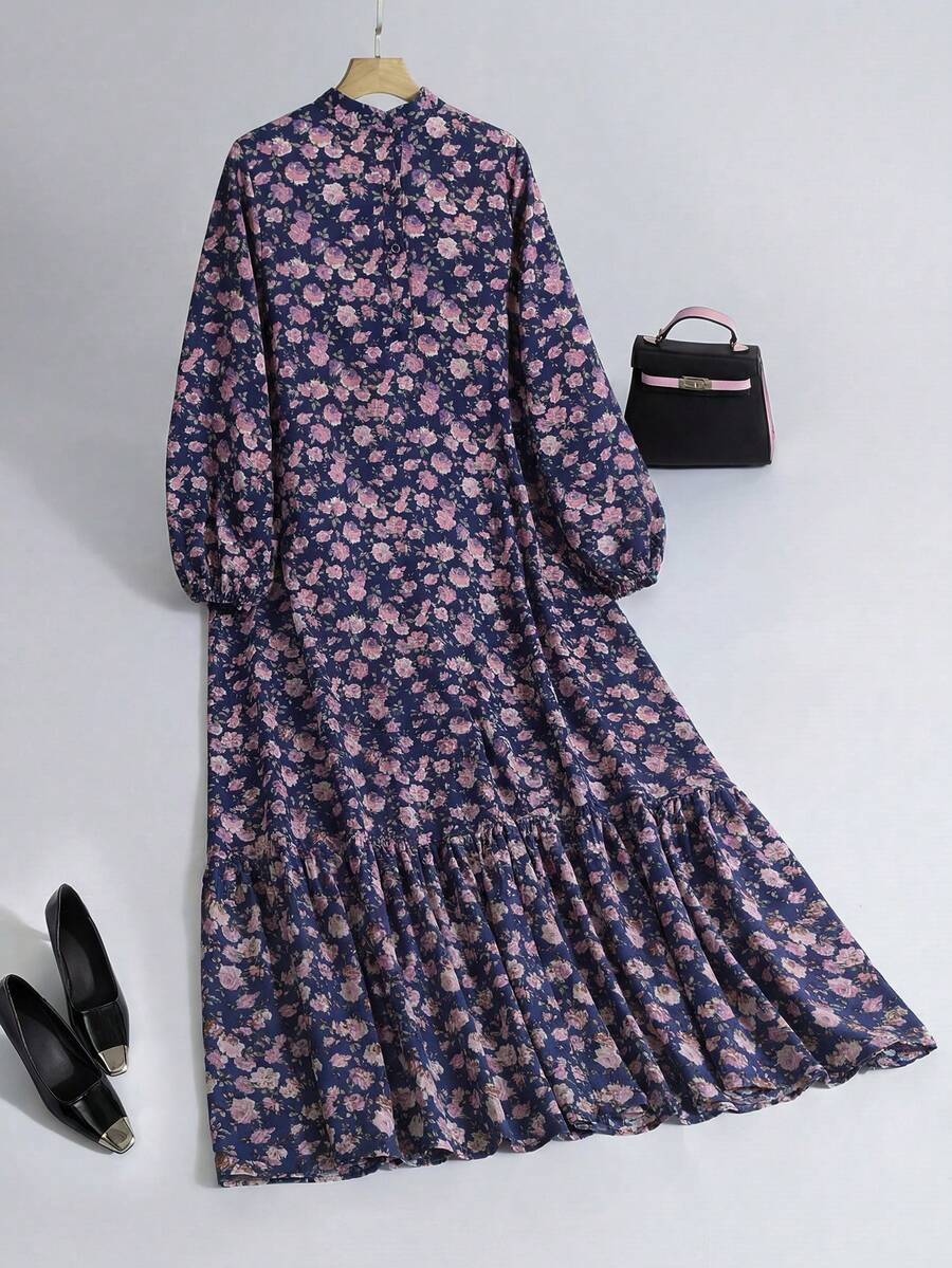 Al Najma 女士休闲碎花端庄长袖阿拉伯长裙，秋季蓝色碎花连衣裙，田园风连衣裙