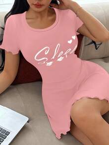 SHEIN 女士休闲短袖情书印花睡袍，夏季 - 粉色 - 查看 5