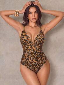 Shapewave Women's Sexy Tropical One-Piece Swimsuit With Criss-Cross Straps, Metal Decor And Waist Cinching, Suitable For Beach Vacation Chocolate Brown Summer - Brown - View 8