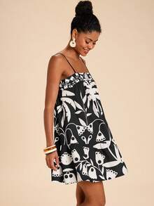 SHEIN TRVLCHIC Loose Fit Printed Sleeveless Vacation Dress For Women, Spring/Summer - Black and White - View 4