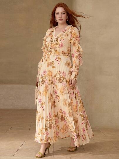 MOTF PREMIUM VESTIDO DE MUJER TALLA GRANDE CON CUELLO EN V, CINTURA FRUNCIDA, BAJO PLISADO Y ESTAMPADO FLORAL COMPLETO, PRIMAVERA/VERANO