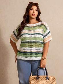 Elaquor Plus Size Colorblock Striped Hollow-Out Knit Sweater - Green - View 3