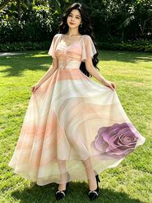 Modelyn 女款白色夏季優雅圖案花園派對度假風玫瑰花卉絲綢感藝術印花洋裝，方領荷葉袖收腰設計 - 彩色 - 查看 4