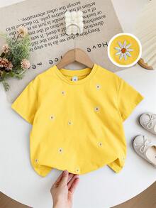 SHEIN LMoss Kids 女童刺绣宽松圆领休闲T恤 - 黃色 - 查看 1