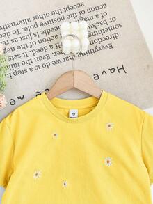 SHEIN LMoss Kids 女童刺绣宽松圆领休闲T恤 - 黃色 - 查看 7