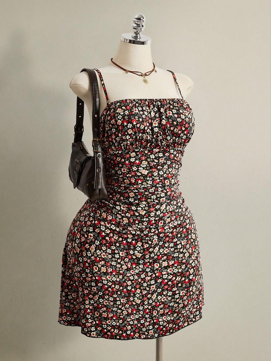 SHEIN ICON 大码女士花卉荷叶边吊带度假连衣裙 - 彩色 - 查看 1