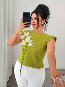 Elenzga Plus Size Women's Elegant And Fashionable Top, Suitable For Work, Casual And Holiday Wear. Made Of Rich Textured Stretchy Knit Fabric, Decorated With Wavy Pattern. Round Neck Design With Contrast Floral Ruffle Trim. Fitted Short Sleeve. Green. Spring/Summer. - Green - View 6