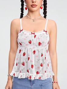 Kawaii Women Strawberry Print Contrast Lace Vacation Style Spring/Summer Babydoll Cami Top, School - Red - View 5