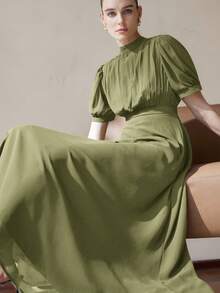 Aveloria Zanirela Đầm chiffon thanh lịch dành cho nữ với thiết kế xếp ly ở phần ngực, tay áo kiểu công chúa, thắt eo, chân váy xòe, màu trơn tối giản, đa năng cho công sở, đầm tay dài. - Màu xanh Ô liu - Xem 6