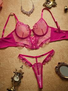 PinupPomp Embroidered Mesh Bra & Panty Lingerie Set With Spaghetti Strap - Hot Pink - View 3