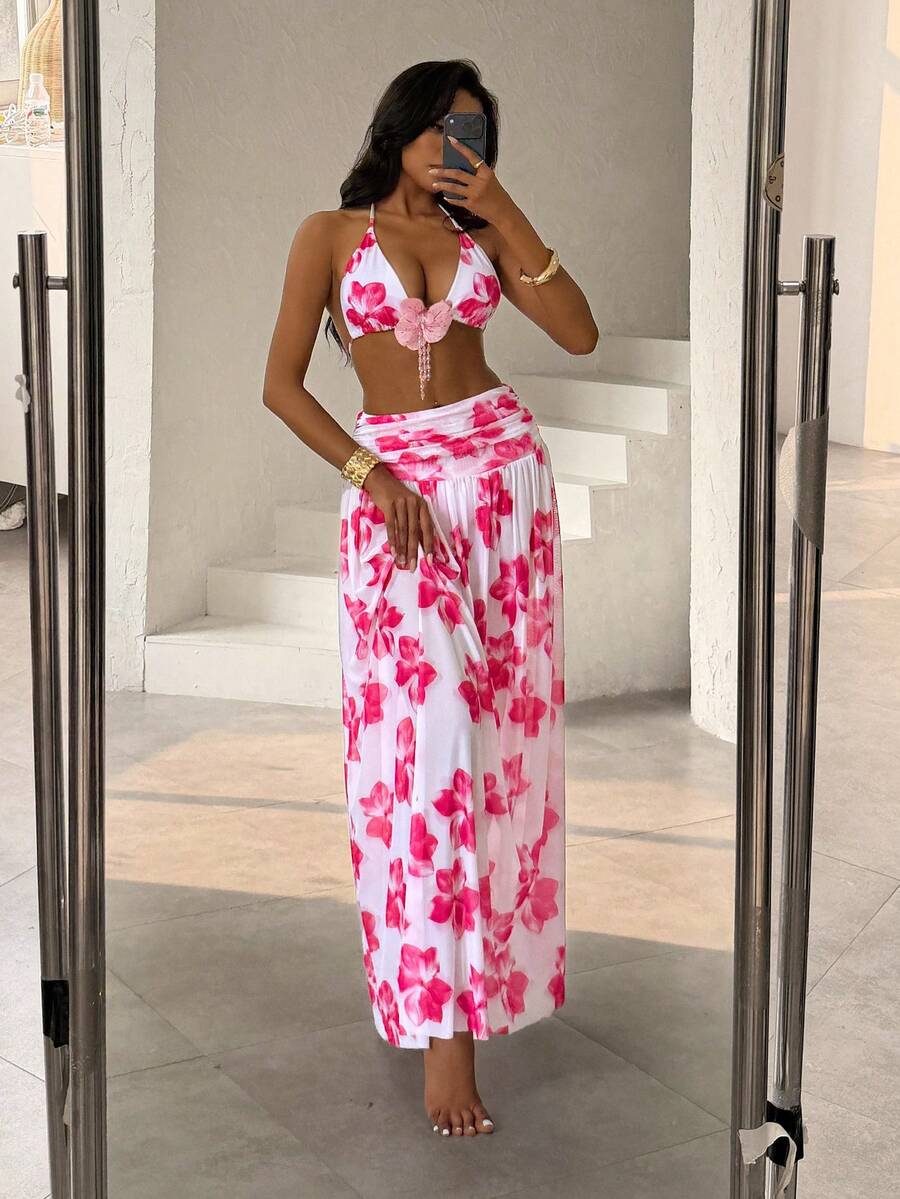 SHEIN Glamour 3件套春假随机印花露背性感优雅比基尼套装,配3D立体花卉配饰和长款网纱沙滩裙,女士泳装 - 彩色 - 查看 1