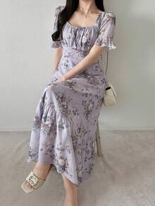 Đầm nữ thời trang lãng mạn in hoa cổ vuông - Màu tím - Xem 3