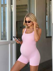 SHEIN 孕妇纯色吊带背心和短裤套装 - 粉色 - 查看 4