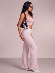 Hanevo Striped Patchwork Flare Leg Casual Pants - Pink - View 3