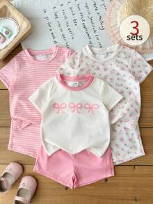 SHEIN 6件套女婴幼儿新生儿0-3岁春夏新款可爱兔子纯色条纹T恤短裤套装 - 彩色 - 查看 6