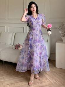 Feyla Đầm nữ thanh lịch cổ chữ V họa tiết hoa, tay ngắn xòe xếp ly. - Màu tím - Xem 2