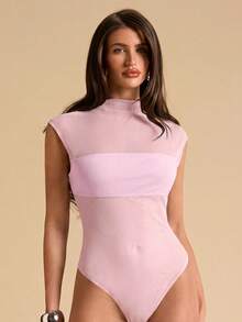 SHEIN BAE Áo liền thân không tay màu đen gợi cảm, chất liệu lưới xuyên thấu, phối họa tiết bất đối xứng. - Màu Hồng baby - Xem 6