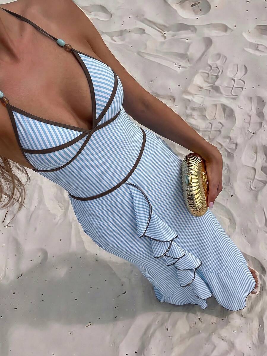 Bonvoyette Striped Print Contrast Color Spaghetti Strap One-Piece Swimsuit With Striped Maxi Skirt 2 Pieces Set - Blue - View 1