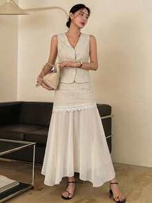 Dazy-Less Đầm maxi nữ cổ chữ V phối ren bất đối xứng kèm áo gile, phong cách thường ngày đi biển, bộ 2 món mùa xuân/hè. - trắng - Xem 2