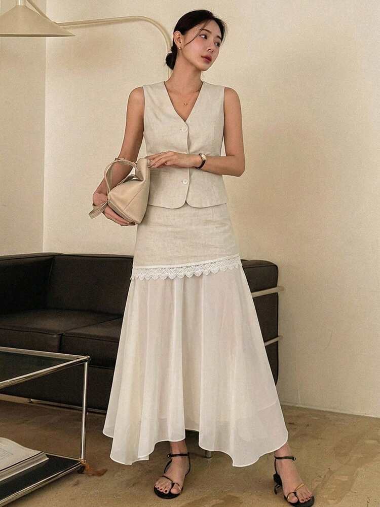 Women's V-Neck Lace Patchwork Asymmetric Maxi Skirt With Tank Top, Casual Vacation Beach Style, Spring/Summer 2-Piece Set Business Casual Woman