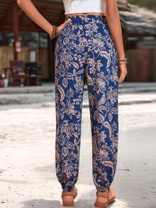 SHEIN PETITE Quần Harem nữ kiểu dáng thường ngày, họa tiết cây nhiệt đới, thích hợp cho kỳ nghỉ xuân/hè. - Màu xanh lam - Xem 2