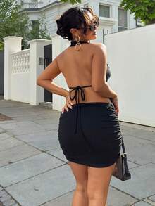 黑色深 V 领、后背系带、露背、无袖、紧身迷你连衣裙 - 黑色 - 查看 2