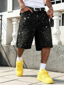 RONVEXI Men's Street Style Washed Loose Fit Black Denim Shorts With Rhinestone Decor - Black - View 1