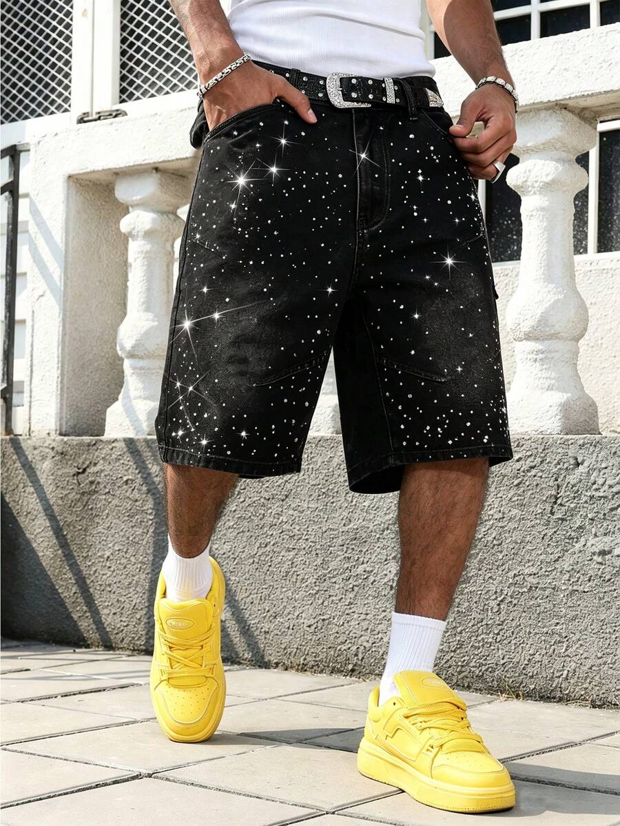 RONVEXI Men's Street Style Washed Loose Fit Black Denim Shorts With Rhinestone Decor - Black - View 1