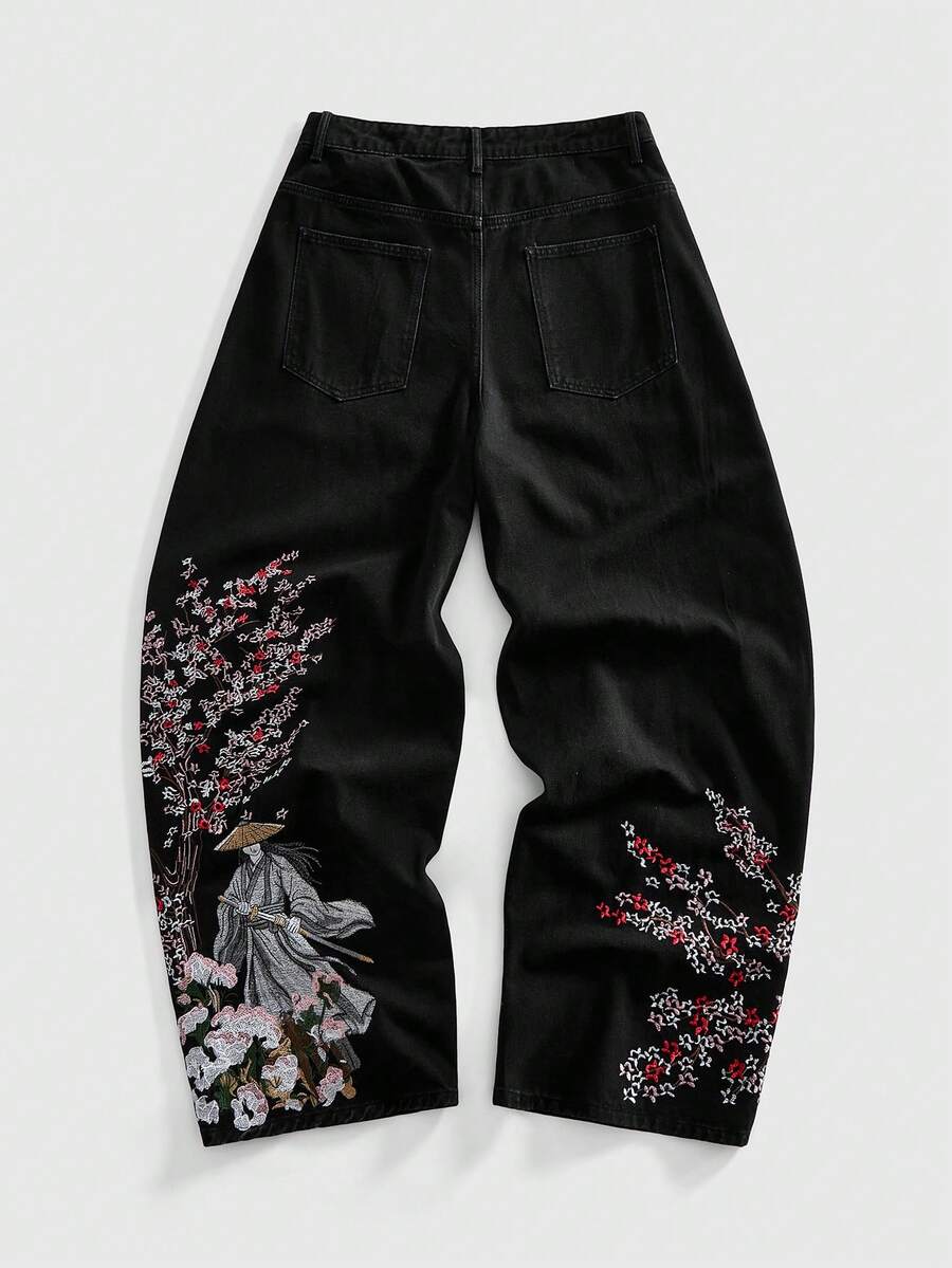 ROMWE MEN Street Life Quần jean denim nam họa tiết hoa anh đào phương Đông - màu đen - Xem 1