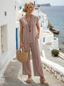 EMERY ROSE Women's Notched Collar Striped Casual Summer Daily Loose 2 Pieces Set Summer Clothes   For Women Beach Outfits For Women   Summer Holiday Outfits - Khaki - View 1