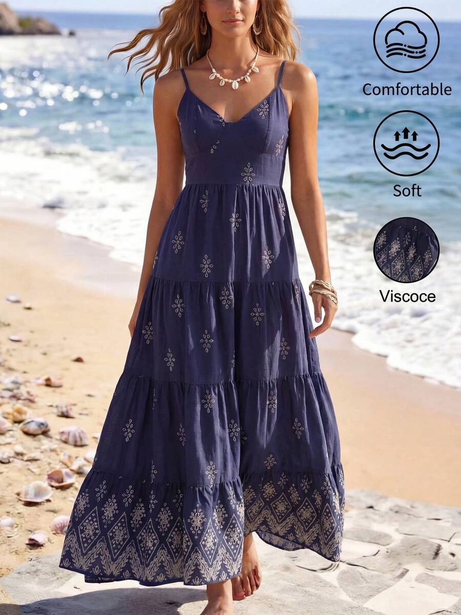 SHEIN Holidaya Autumn Vintage Cute Bow Tie Strap Multi-Layer Patchwork Bohemian Style Dress For Women Navy Blue Zanea Dress For Woman Royal Blue Boho Style Z9v7r Ladies Dresses Dresses For Holiday Summer Beach Dress - Navy Blue - View 1