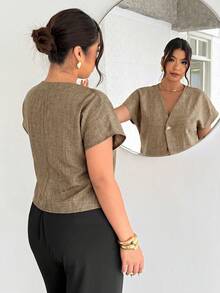 Firerie Plus Size Women V-Neck Single-Breasted Casual Versatile Daily Wear Shirt Linen Tops For Women Curve Linen Tops Plus Size - Khaki - View 3