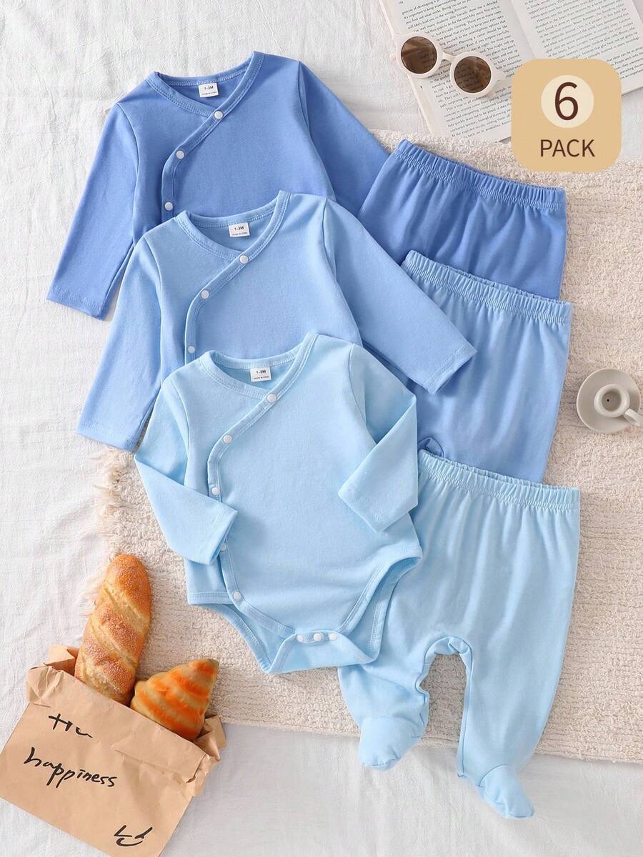 6pcs/Set Newborn Baby Boys/Girls Solid Color Soft Knit Round Neck Long Sleeve Top And Elastic Waist Pants Set, Comfortable Soft Fabric - Blue - View 1