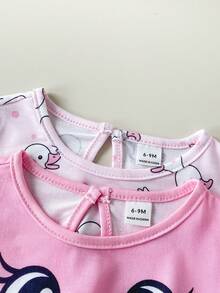 Playful Pals Baby GirlCute Duck & Chick Print Short Sleeve A-Line Dress 2-Piece Set, Suitable For Spring/Summer Outings, Photoshoots Or Daily Wear - Pink - View 5