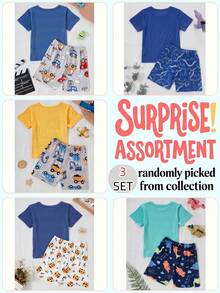 GraphicGems 6 PACKS Young Boy Pajamas, Multi-Color, 5 Sets Of Floral Patterns, 3 Sets Of Blind Box Random Styles, Includes Cartoon Crayon, Fun Wrist Dragon, Triangular Dragon Playing Together, Various Dinosaurs Racing In The Jungle, Cars And Trucks Driving In The City, Light Blue Short Sleeve Top With Printed Cranes And Bulldozers, Comfortable Loose Fit Crew Neck Shorts Set, Suitable For Casual Wear, Cute Summer - Multicolor - View 2