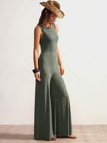 Bohemela Solid Color Knit Backless Sleeveless Wide Leg Jumpsuit For Women - Dark Green - View 4
