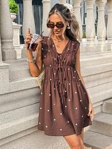 Pariaura Women's New V-Neck Sleeveless Front Drawstring Tie Multi-Layer Ruffle Short Dress - Brown - View 4