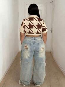 Maweii 大尺碼女款休閒街頭時尚短袖千鳥格印花撞色短版夾克，適合度假 - 彩色 - 查看 2