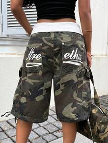 SHEIN 女士迷彩印花口袋松紧腰宽松休闲牛仔短裤 - 彩色 - 查看 2